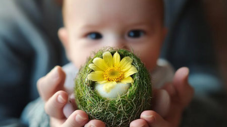 Cute little baby boy holding easter egg with yellow flower in itの素材