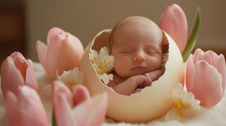 Newborn baby girl sleeping in a nest of pink tulips.の素材