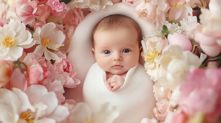 Cute newborn baby in a bathtub surrounded by pink and white flowersの素材