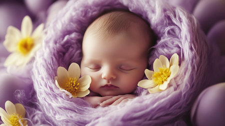 Cute newborn baby sleeping in a purple basket with yellow flowers.の素材