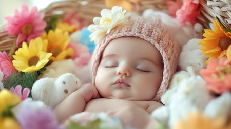Cute newborn baby girl sleeping in basket with flowers, closeupの素材