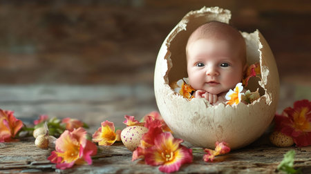 Cute little baby in eggshell on wooden background, easter conceptの素材