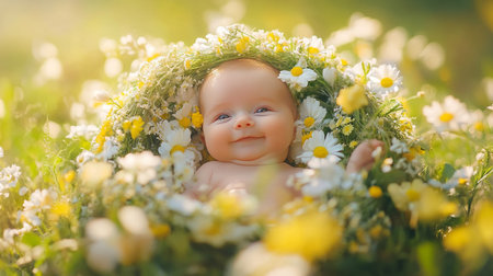 Cute newborn baby in a wreath of daisies on the grassの素材