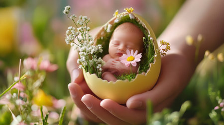 Easter egg in the hands of a child on a background of spring flowersの素材