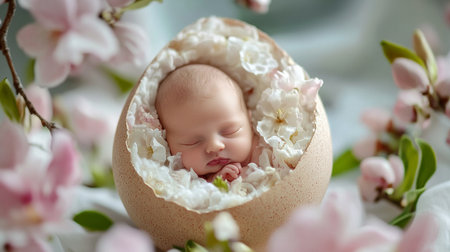 Newborn baby sleeping in an egg shell surrounded by spring flowers.の素材