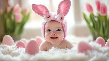 Cute little baby girl in bunny ears with easter eggs on white furの素材