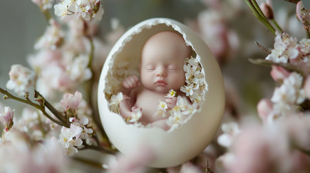 Newborn baby in an egg shell surrounded by cherry blossoms.の素材