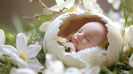 Newborn baby sleeping in eggshell surrounded by magnolia flowers.の素材