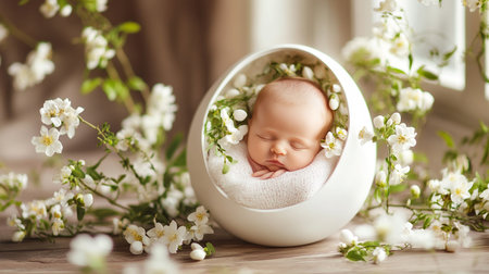 Newborn baby in a white egg box surrounded by spring flowers.の素材