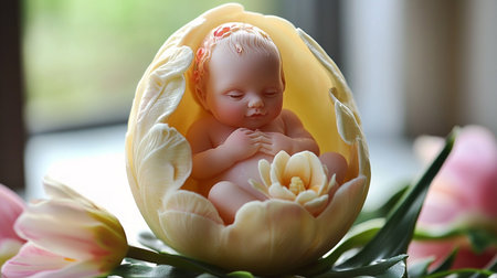 Easter egg with a newborn baby inside and tulips in the backgroundの素材