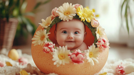 Cute baby in easter egg decorated with flowers. Happy Easterの素材