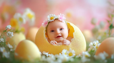 Cute little baby girl in yellow easter egg on spring flowers backgroundの素材