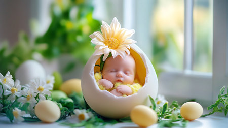 Cute newborn baby boy in eggshell with daisy flowers. Happy easter!の素材