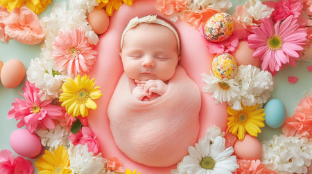 Newborn baby sleeping in a bath with flowers and easter eggsの素材