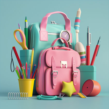 Back to school concept with pink backpack, stationery and supplies on blue backgroundの素材