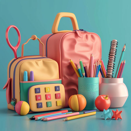 Back to school concept. School supplies on blue background. 3d illustrationの素材