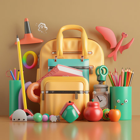 Back to school concept with school supplies. 3d render illustration.の素材