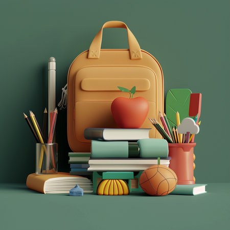 Back to school concept with school bag, books, pencils, apple and stationery on green backgroundの素材