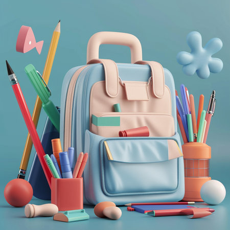 School backpack with stationery. Back to school concept. Vector illustrationの素材