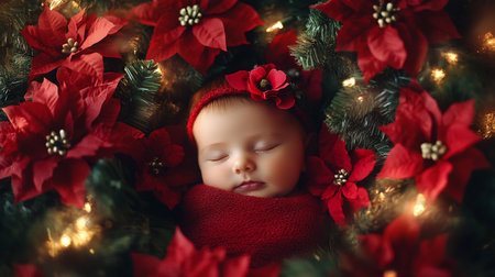 Newborn baby sleeping in a Christmas wreath with red poinsettia.の素材