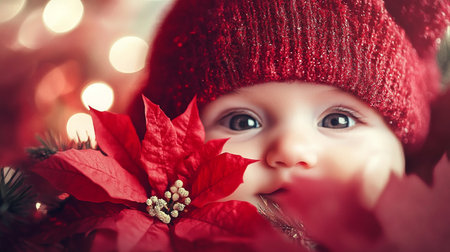 Christmas portrait of cute little baby girl in red hat with poinsettiaの素材