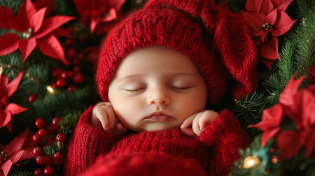 Newborn baby sleeping in a red knitted hat on the background of a Christmas treeの素材