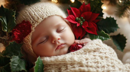 Newborn baby sleeping in christmas decorations, close-up.の素材