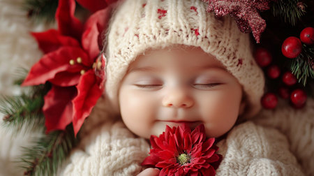 Newborn baby girl in a knitted hat with a red flower on a background of a Christmas treeの素材