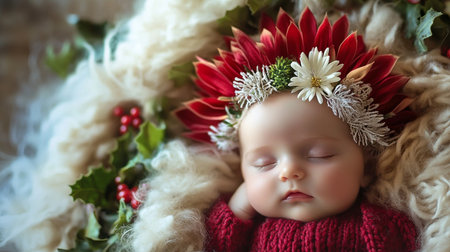 Newborn baby girl with christmas wreath on the head.の素材