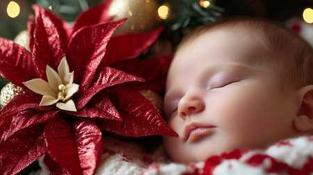 Newborn baby sleeping on the bed with a Christmas tree in the backgroundの素材