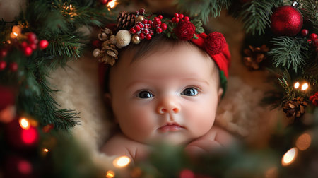 Newborn baby girl in a Christmas wreath on the background of a Christmas treeの素材