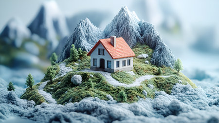 Miniature house on the top of the mountain. 3d renderingの素材