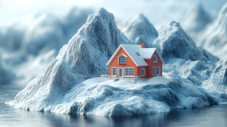 3d illustration of a red house in the middle of the snowの素材