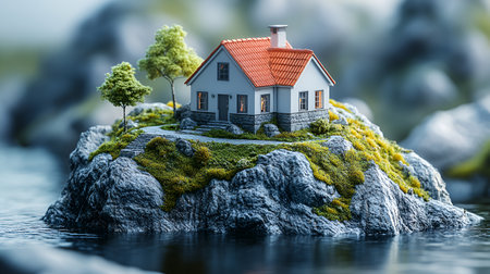 Miniature house on a small island in the sea. 3d renderingの素材