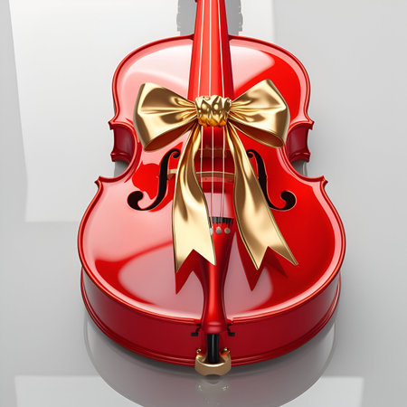 Red violin with bow on a white background. 3d rendering.の素材
