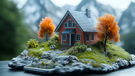 Miniature model house and smart phone on nature background. Real estate conceptの素材