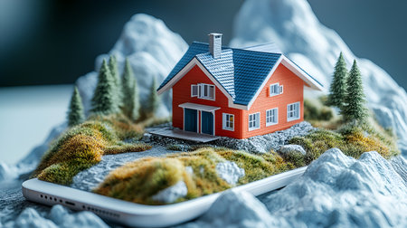 Miniature model of a house on the background of a snowy mountain.の素材