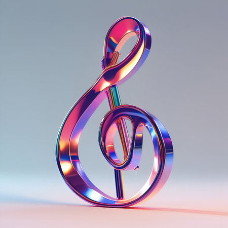 Music note icon. 3D rendering. Metallic sign with blue light reflections.の素材