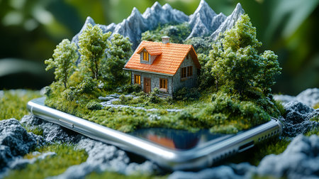 Miniature model house and smart phone on nature background. real estate conceptの素材