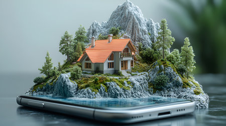 Smartphone with a model of a house on a background of mountains.の素材