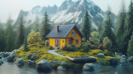 Miniature house on the background of the mountains. 3d renderingの素材