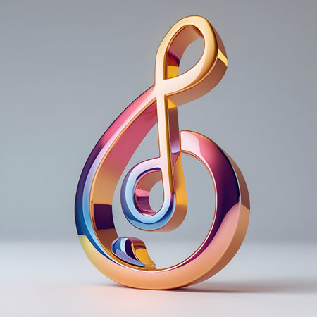 3D render glossy copper treble clef on gray background.の素材