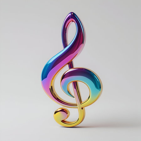 3d render of shiny metallic treble clef isolated on white background.の素材