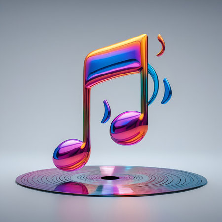 Music note on a vinyl record. 3D rendering. Music concept.の素材
