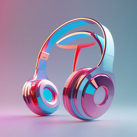 3d render of pink and blue headphones on a blue background.の素材