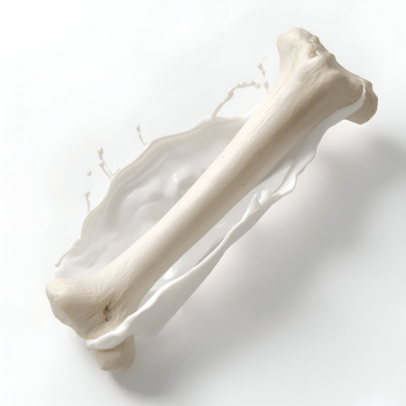 close up of  a human bone in milk splash on white backgroundの素材