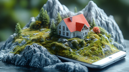 Smartphone with miniature house on the green grass. 3d illustrationの素材