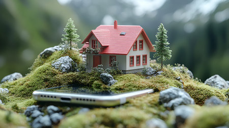 Miniature house on the green moss and smartphone. 3d renderingの素材