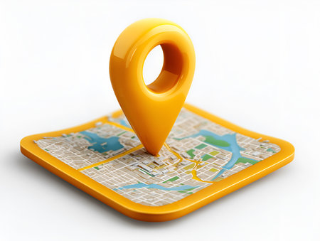 3d illustration of yellow map pointer with city map on white backgroundの素材