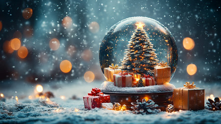 Snow globe with christmas tree and gift boxes on snow. Christmas backgroundの素材